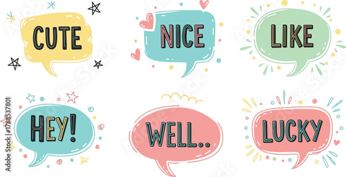 Colorful Speech Bubbles with Cute, Nice, Like, Hey, Well, and Lucky isolated on White