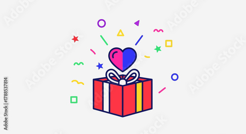 A vibrant illustration of an open gift box with a heart symbol emerging, surrounded by festive confetti and abstract shapes, symbolizing celebration and love