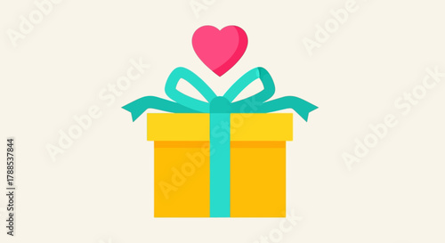 A brightly colored gift box topped with a charming pink heart and a turquoise ribbon, perfect for celebrations and expressing love