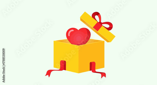 A bright yellow gift box with a red ribbon and a heart popping out, symbolizing love and surprise for a special occasion