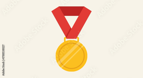 Golden medal awarded for achievement and victory, symbolizing success and recognition on a red ribbon