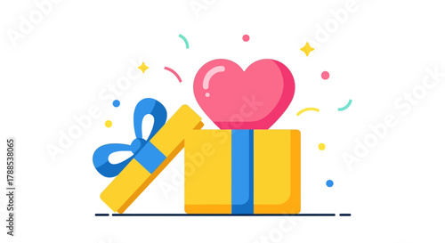 Gift box with a heart emerging and confetti, symbolizing love, surprise, and celebration