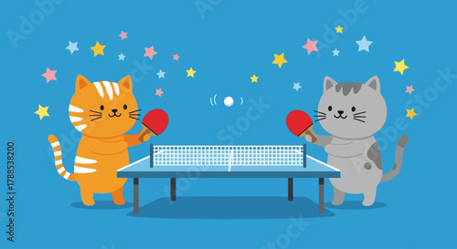 Whimsical illustration of two cartoon cats playing ping pong amidst a starry blue sky