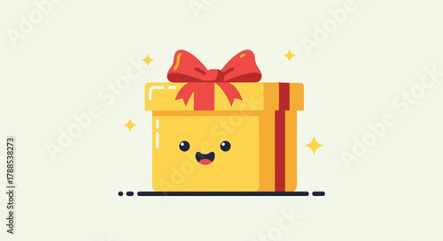 Cute yellow gift box with red ribbon and a happy face, isolated on a light background with sparkles