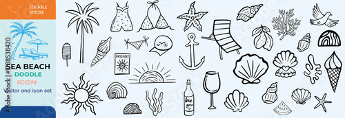 Hand-drawn doodle beach and surf icon vector set in retro colors with tropical elements like palm trees, waves, surfboards, and sun. Perfect for summer designs, t-shirts, posters, and coastal designs.