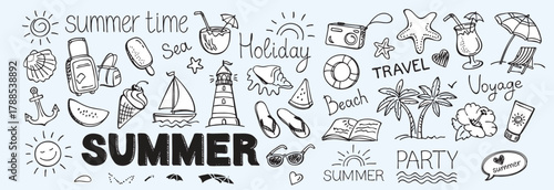 Hand-drawn doodle beach and surf icon vector set in retro colors with tropical elements like palm trees, waves, surfboards, and sun. Perfect for summer designs, t-shirts, posters, and coastal designs.