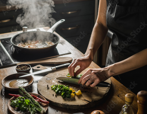 Culinary Symphony: A chef's hands masterfully choreograph the preparation of fresh ingredients, with herbs, spices, and a sizzling pan on the stove, painting a picture of gastronomic delight.