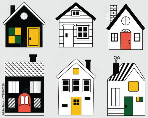 Hand drawn vector set of charming European houses, pastel pink and green colors, ideal for storybook illustrations, greeting cards, whimsical home decor artwork