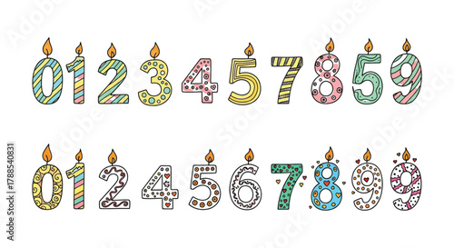 Collection of colorful patterned birthday candles shaped like numbers zero through nine for celebrations