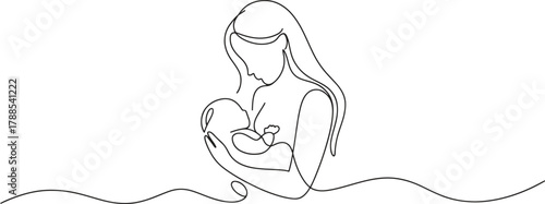 Elegant minimalist line art depicting mother lovingly nursing her newborn baby with tender care