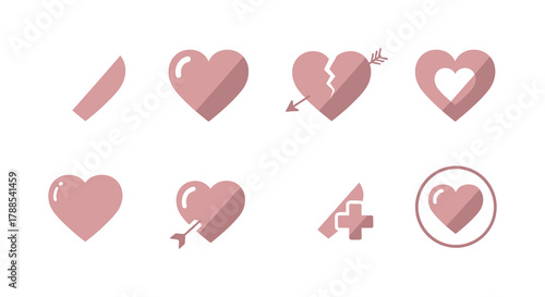 Collection of diverse pink hearts showing different emotions and states of love