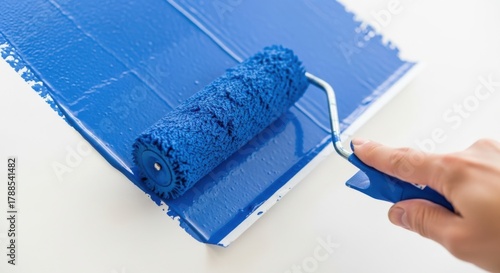 Hand applying vibrant blue paint to a surface with a roller