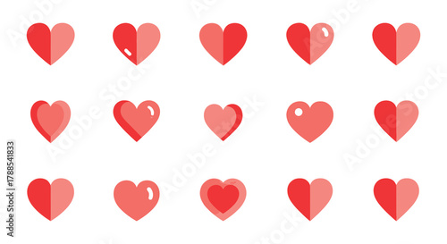 Collection of red hearts in various styles and shades representing love and romance