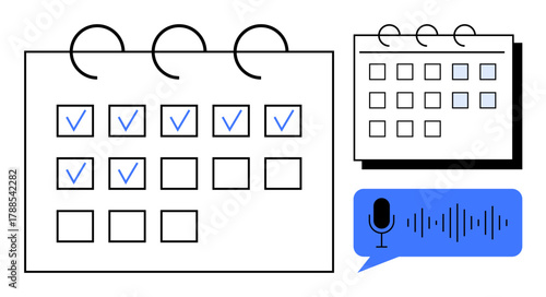 Calendar grid with checkmarks, highlighted dates, and a blue voice input icon connecting digital and physical planning. Ideal for time management, productivity, appointments, schedules, workflow
