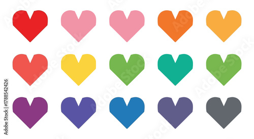 Collection of colorful hand drawn hearts in various shades and sizes on a white background