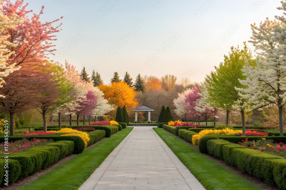 Obraz premium Symmetrical spring garden with blooming trees, vibrant flower beds, and a central path leading to a peaceful gazebo in the distance.