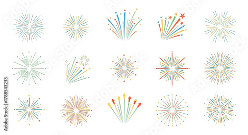 Collection of abstract colorful geometric starburst bursts and fireworks explosions on white background