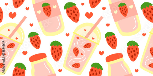 Seamless pattern with hand drawn flat milkshakes and smoothies with strawberries. Cute background with summer drinks.