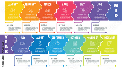 Vibrant Monthly Infographic Calendar Timeline With Mission Cards For Each Month, Yearly Overview, Business Planning, Project Scheduling, And Creative Time Management Template