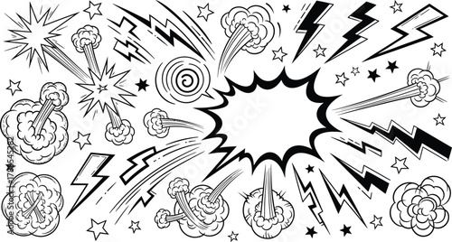 Comic Explosion Elements, Line Art, Stars, and Thunderbolts on Transparent Background