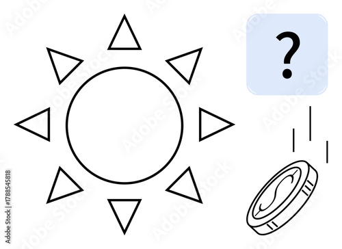 Sun emits triangle rays, falling coin adds uncertainty with question mark. Ideal for choices, risk evaluation, probability, strategy, future planning, opportunity cost, simple flat metaphor
