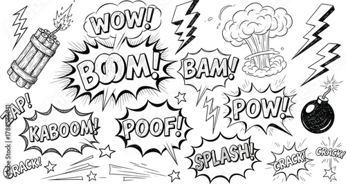 Comic Explosion Sound Effects Sketch Style HandDrawn on White Background