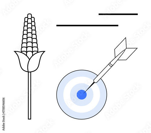 Corn symbolizes agriculture alongside a bullseye hit by a dart, representing precision, success, food security, and resource management. Ideal for farming, sustainability, strategy, growth focus