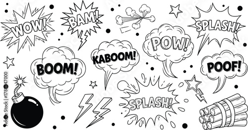 Comic Sound Effects Cartoon Words, Pop Art Speech Bubbles with Bomb and Dynamites on White