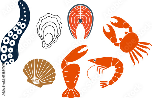 Assorted Seafood Marine Life Icons Vector