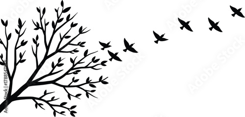 Black silhouette of tree branch with leaves and birds flying away in transformation arc for symbolic and nature vector content