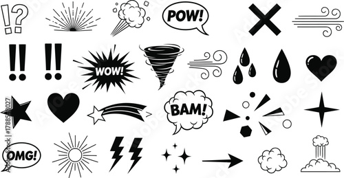 Comic Speech Bubbles Set, Black Outline Symbols of Emotions and Actions on White