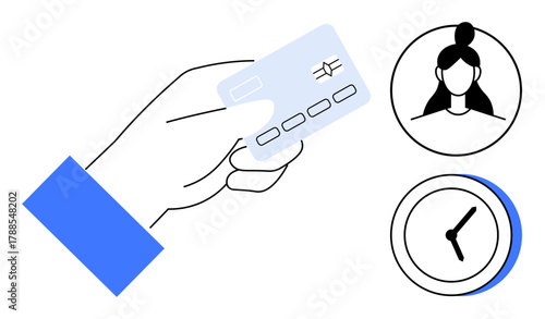 Hand holding a credit card near profile and clock icons. Ideal for payment, time tracking, identity verification, finance, online transactions, security, customer service. Simple flat metaphor