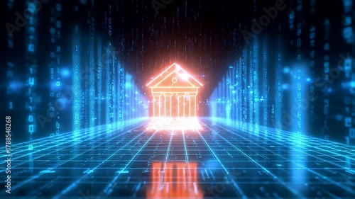 Glowing digital structure shaped like a classical bank building standing on a bright blue data grid with streaming code forming a vibrant virtual scene