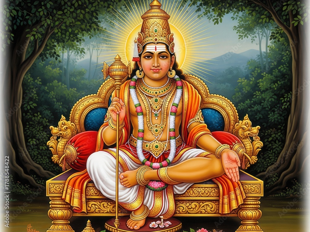 Obraz premium Lord Ayyappa Traditional South Indian Painting. Vibrant Gold and Red.