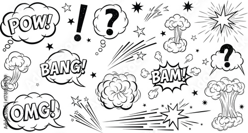 Comic Speech Bubbles with Pow Bang Bam Omg and Explosions on White Background