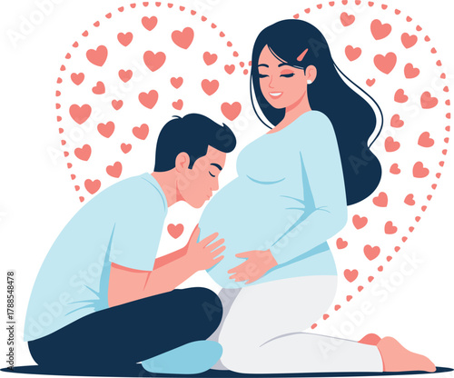 Cartoon couple sharing tender moment during pregnancy, vector illustration for family love, emotional connection, and editorial lifestyle content
