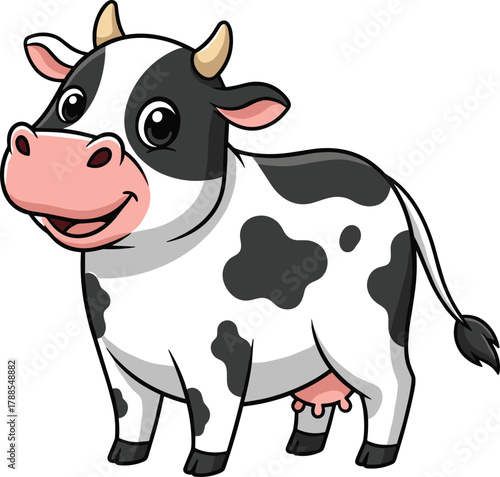 Cartoon cow with black spots and pink udder, vector illustration for farm education, animal character design, and children’s editorial content