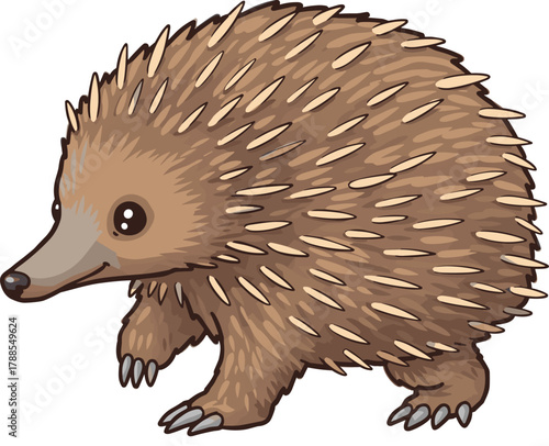 Cartoon echidna with spines and long snout, vector illustration for Australian wildlife education and friendly monotreme character concept