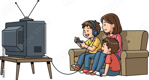 Cartoon family playing video games together, vector illustration for bonding time, leisure activity, and editorial content on modern family life