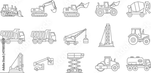 Construction Vehicles Outline Icons Set, Heavy Equipment, Industry Line Art, Machinery