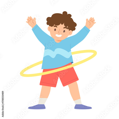 Cheerful little boy playing with Hula Hoop isolated on white background. Fun activity for kids. Body movement and workout. Flat vector illustration.