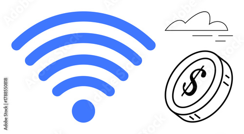 Blue wireless symbol, coin with dollar sign, and cloud. Ideal for technology, finance, digital payment, cloud computing, wireless data online business and modern economy. Simple flat metaphor