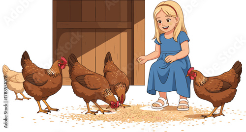 Cartoon girl feeding chickens on farm, vector illustration for agriculture education, rural lifestyle theme, and editorial storytelling content