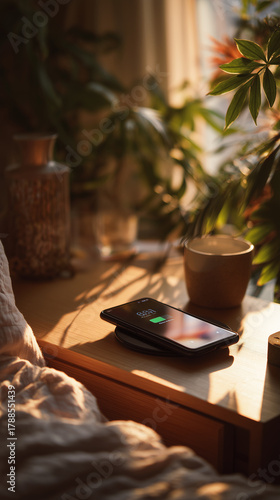 tranquil night environment where phone charges beside mug and lush plant under sunset glow