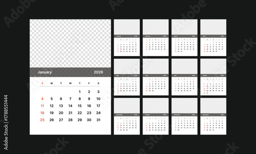 Monthly calendar 2026 week start Sunday corporate design template vector, wall desk calendar in a minimalist style, editable, transparent