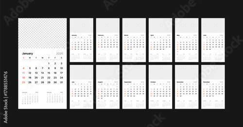 Monthly calendar 2026 week start Sunday corporate design template vector, wall desk calendar in a minimalist style, editable, transparent