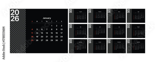 Monthly calendar 2026 week start Sunday corporate design template vector, black wall desk calendar in a minimalist style, editable, transparent