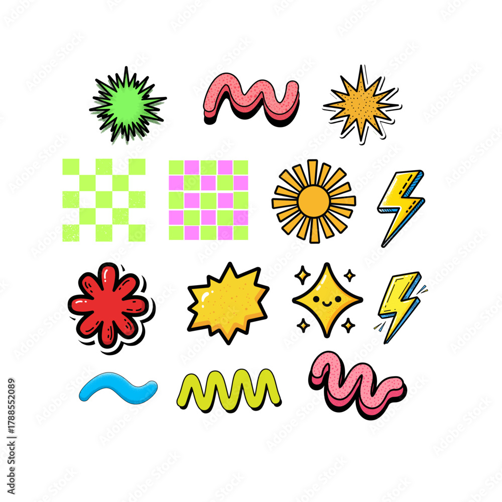 Obraz premium A fun collection of hand-drawn doodle stickers including lightning bolts, stars, sunbursts, floral shapes, wavy lines, and retro checkerboard patterns. Bright pop art style with bold outlines, texture