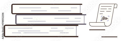 Stacked books with horizontal lines suggesting text and an adjacent signed legal document scroll. Ideal for education, research, law, knowledge-sharing, libraries, publishing, and contracts. Simple