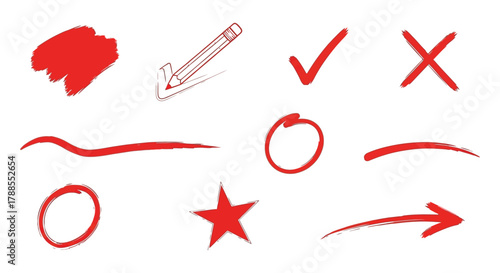 Collection of hand drawn red marks and symbols including checkmarks crosses stars and arrows on white background